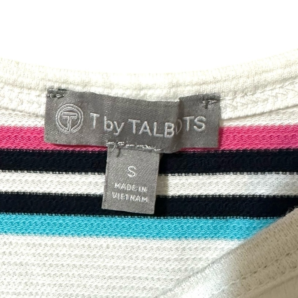 T by TALBOTS white multi color striped 3/4 sleeve 100% cotton shirt size Small - Picture 4 of 5